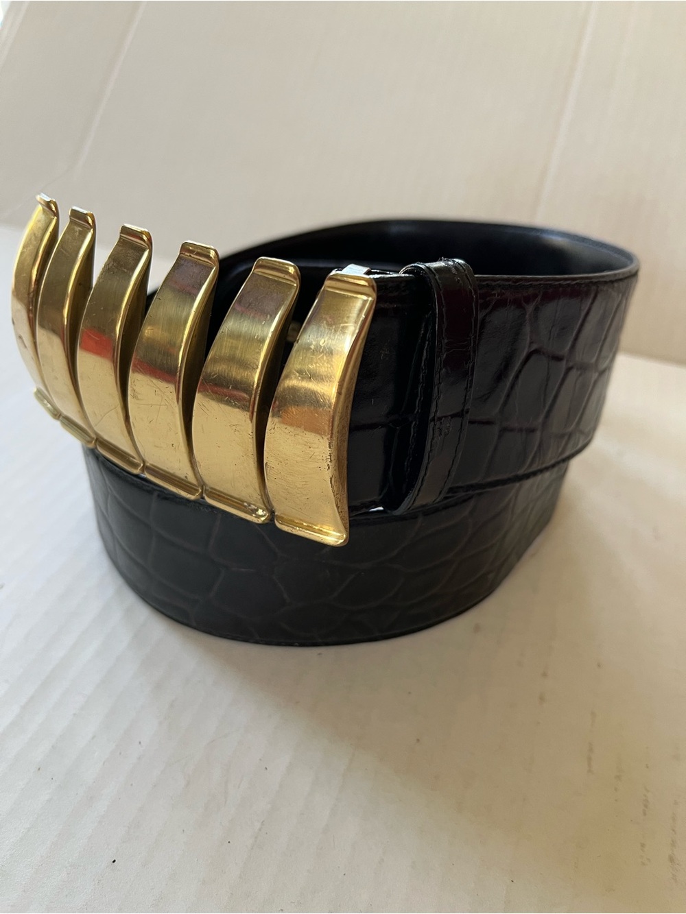 Black Embossed Leather Belt with Gold Accent Buckle SAKS Fifth Ave vintage